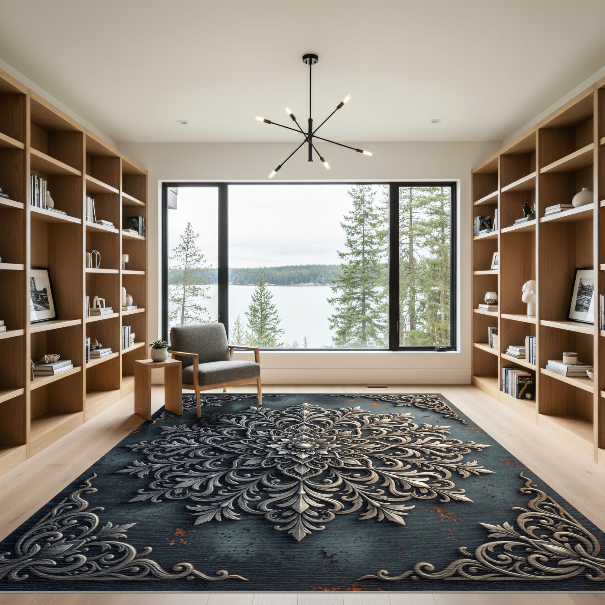 Intricate Silver Filigree Botanical Medallion Rug