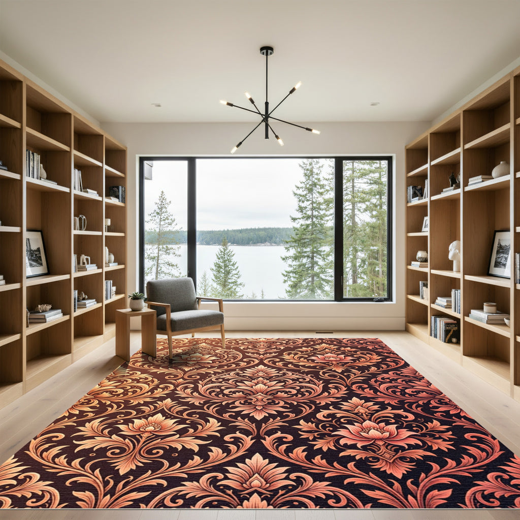 Ornate Amber Floral Damask Rug