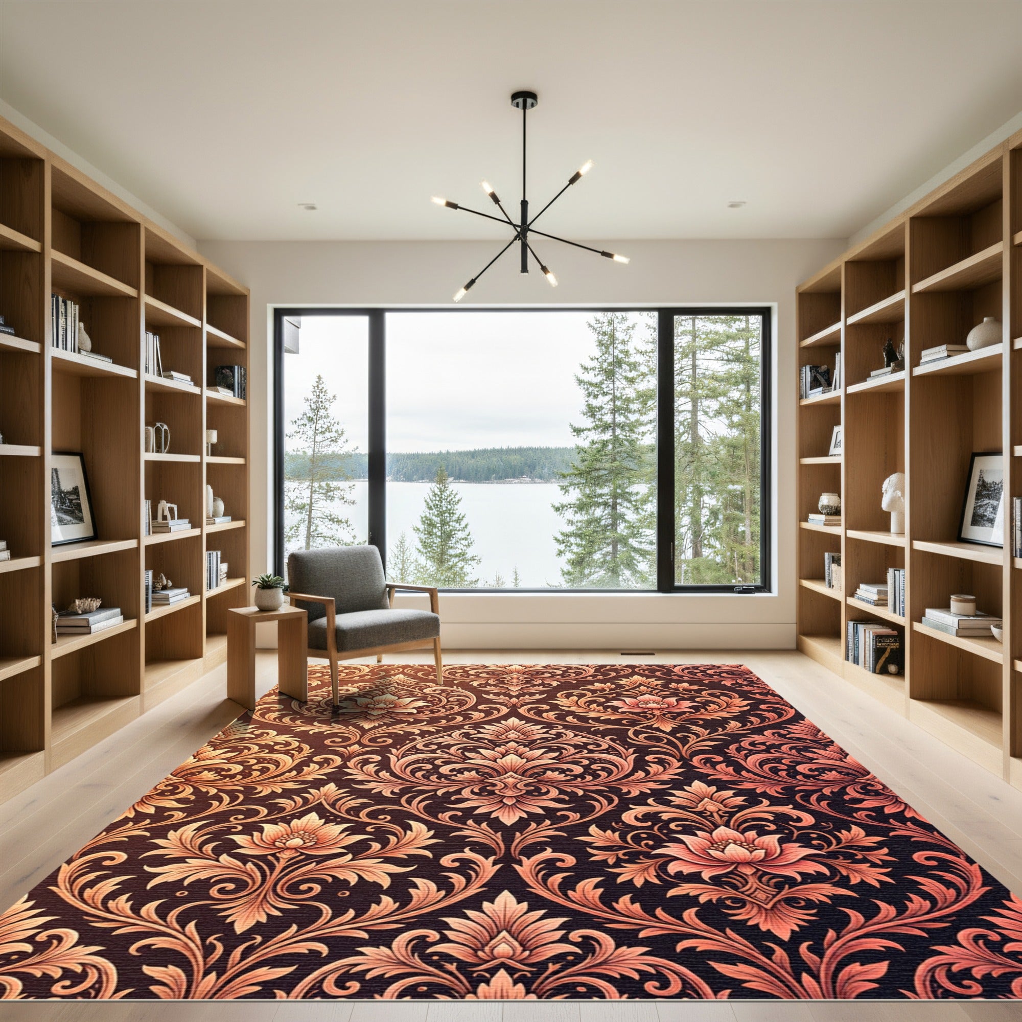 Ornate Amber Floral Damask Rug