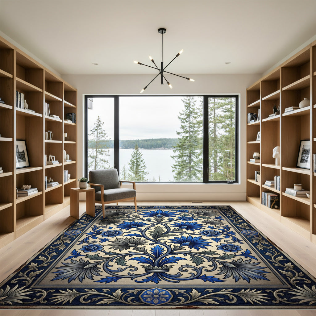 Ornate Blue Floral Vine Border Rug