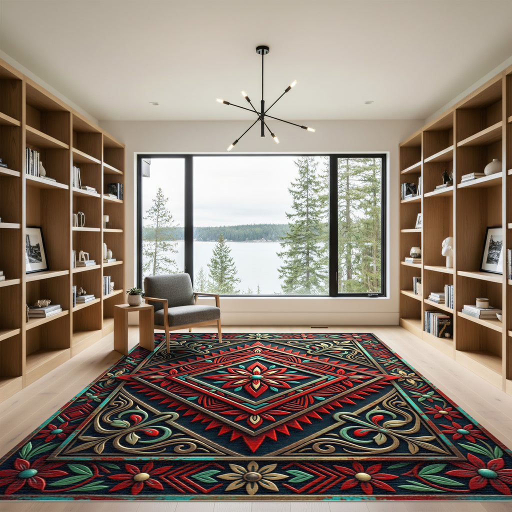 Vibrant Crimson Teal Geometric Floral Medallion Rug