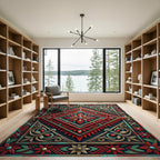 Vibrant Crimson Teal Geometric Floral Medallion Rug