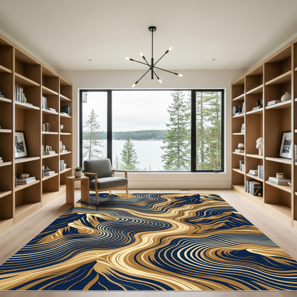 Abstract Gold And Navy Mountain Waves Rug