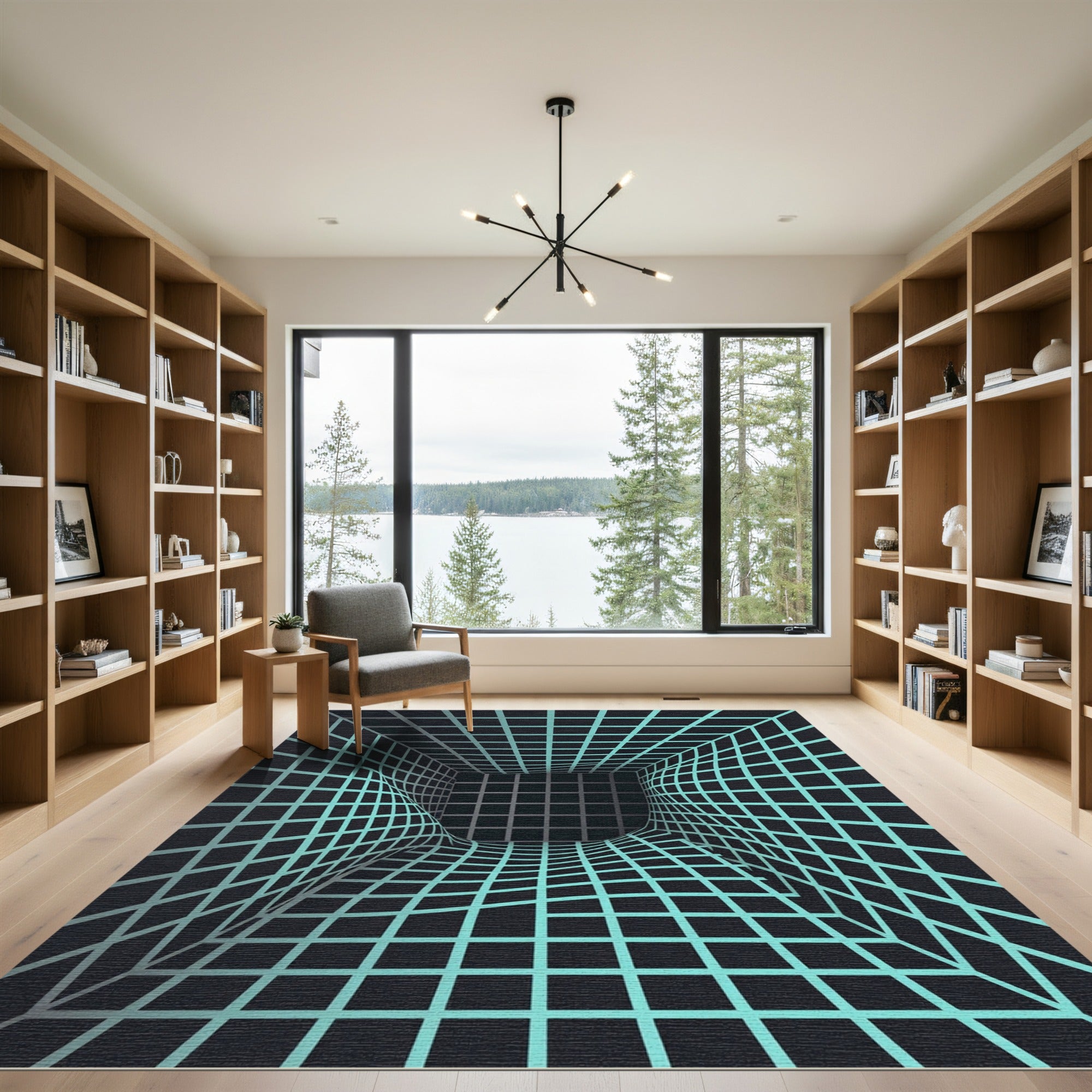 Cyan Grid Tunnel Optical Illusion Rug