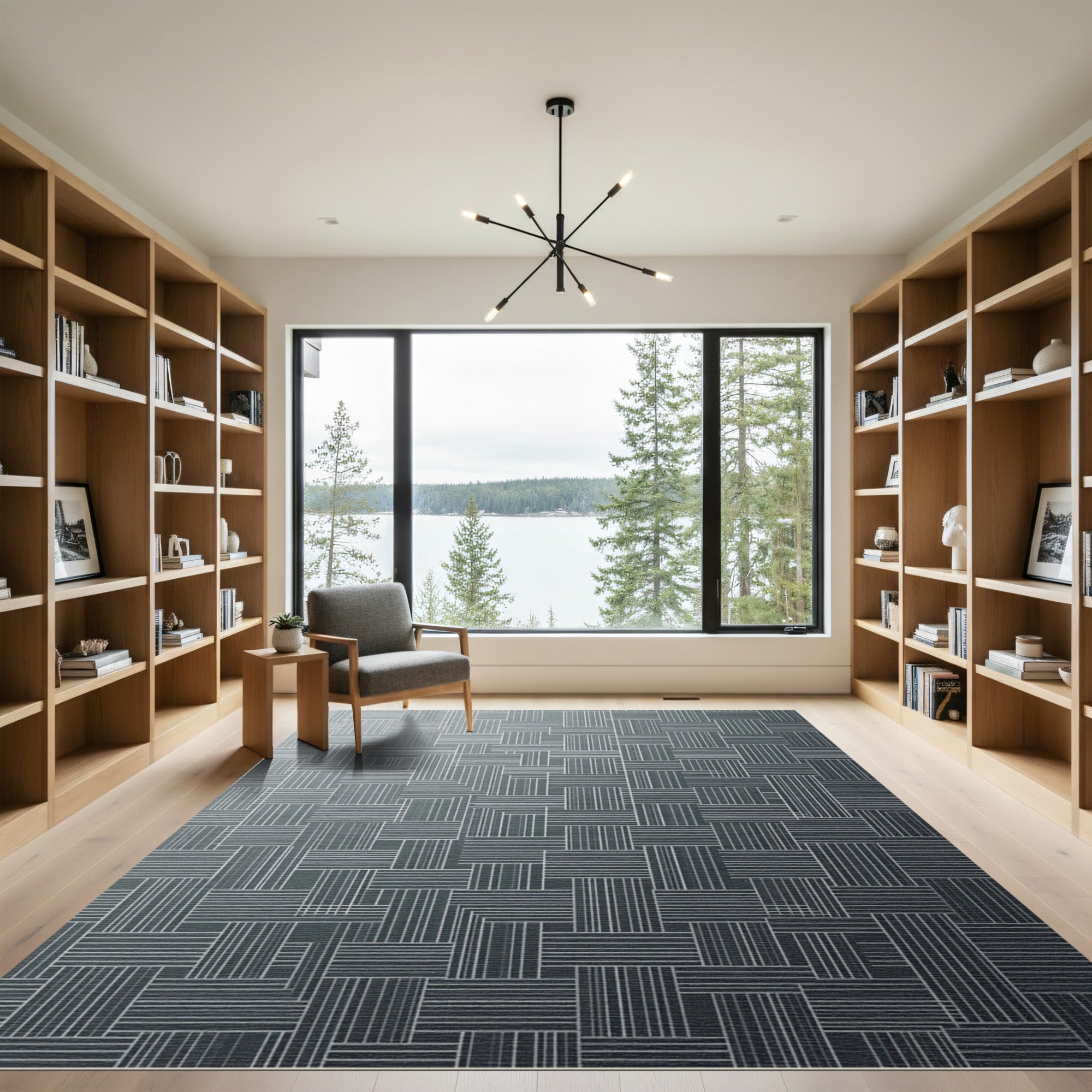 Minimalist Charcoal Grey Linear Grid Rug