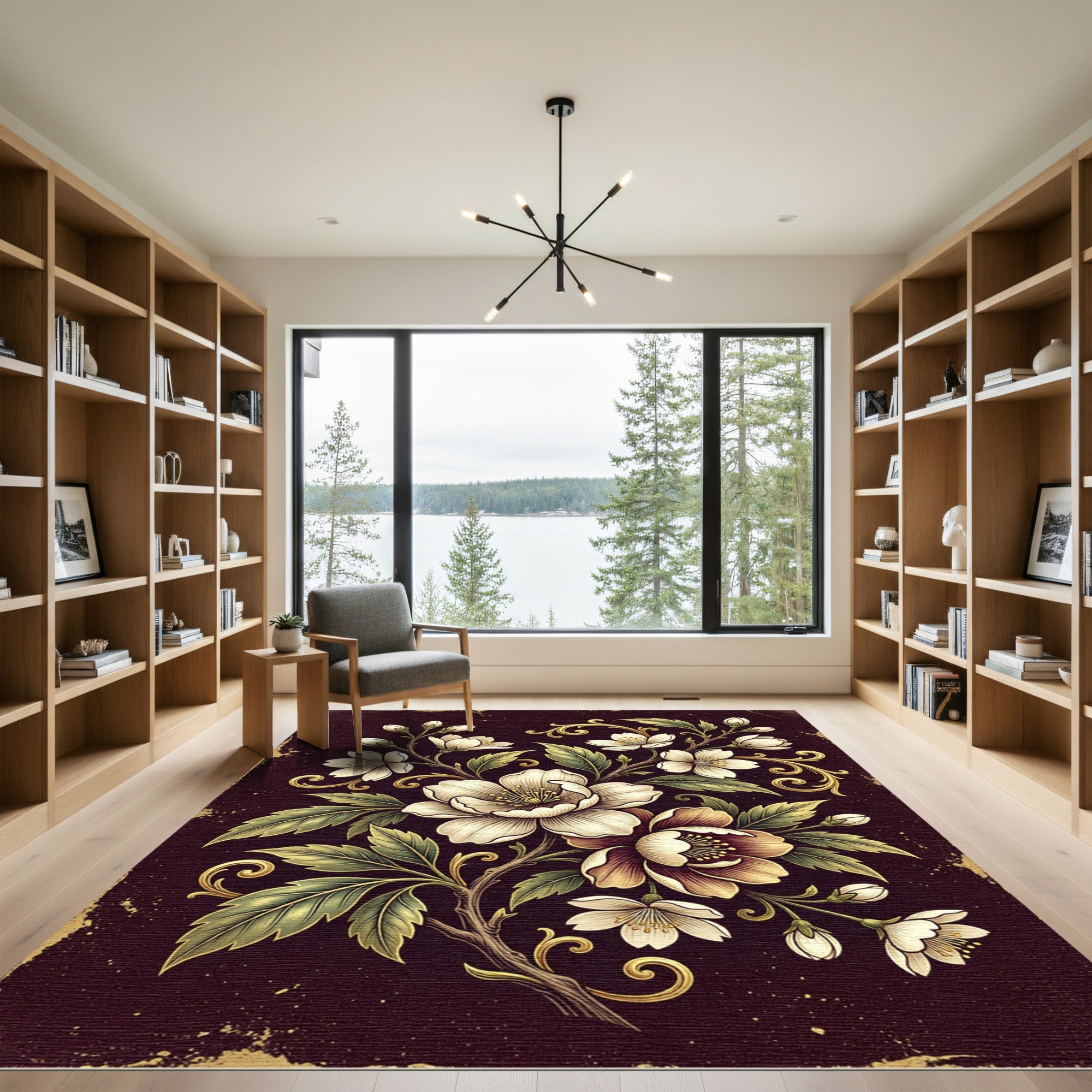 Elegant White Floral Dark Gold Vine Rug
