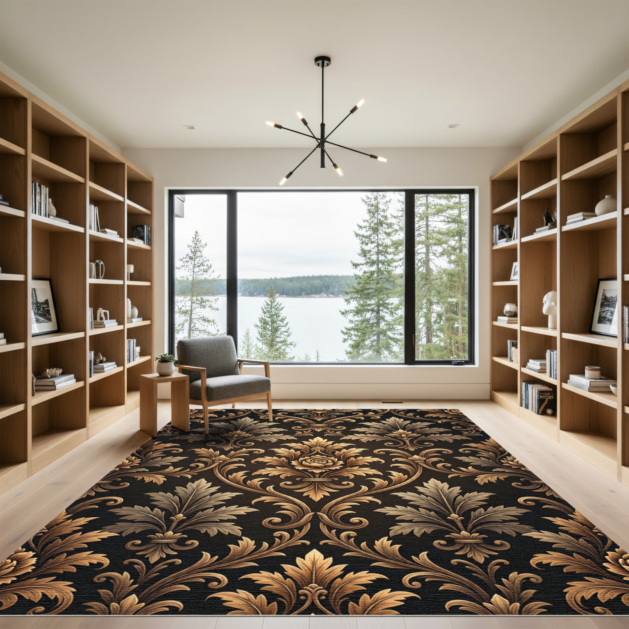 Elegant Gold Damask Black Floral Swirl Rug