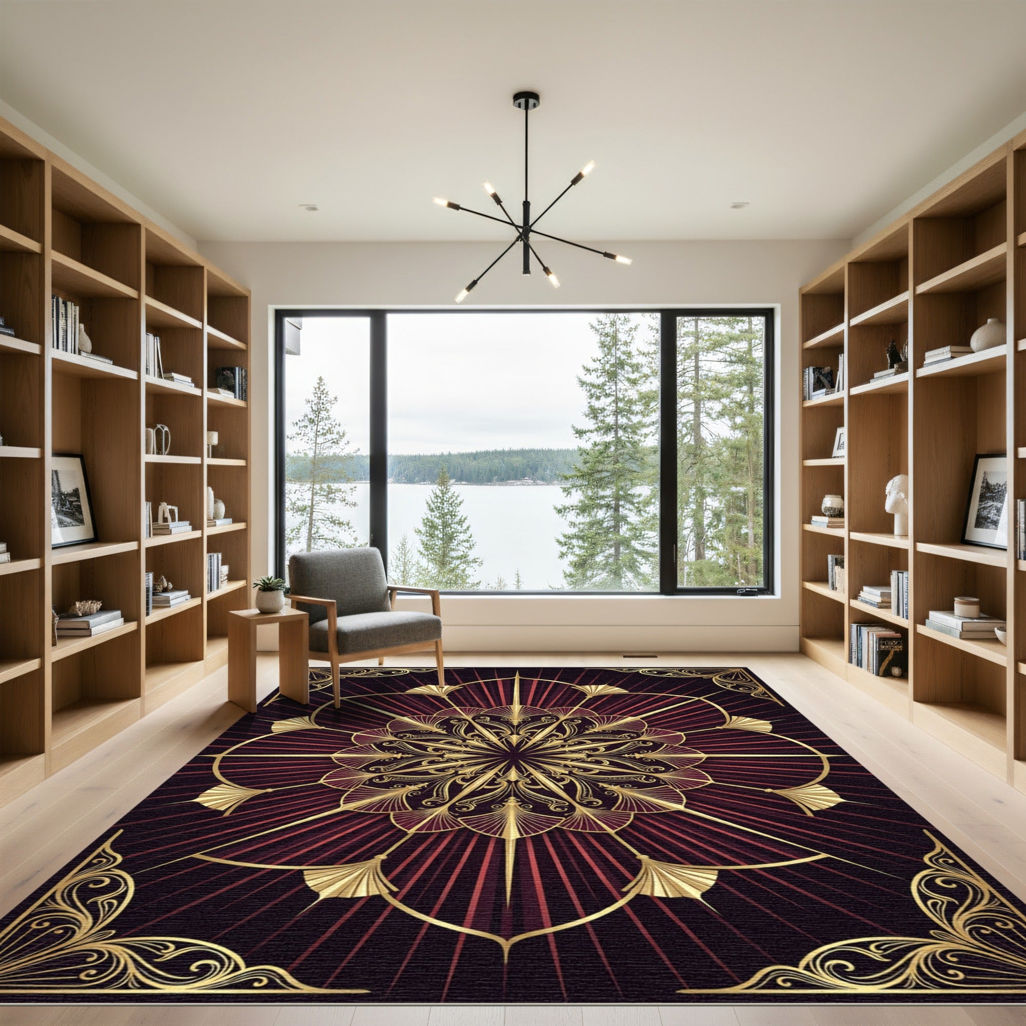 Art Deco Crimson Golden Sunburst Medallion Rug