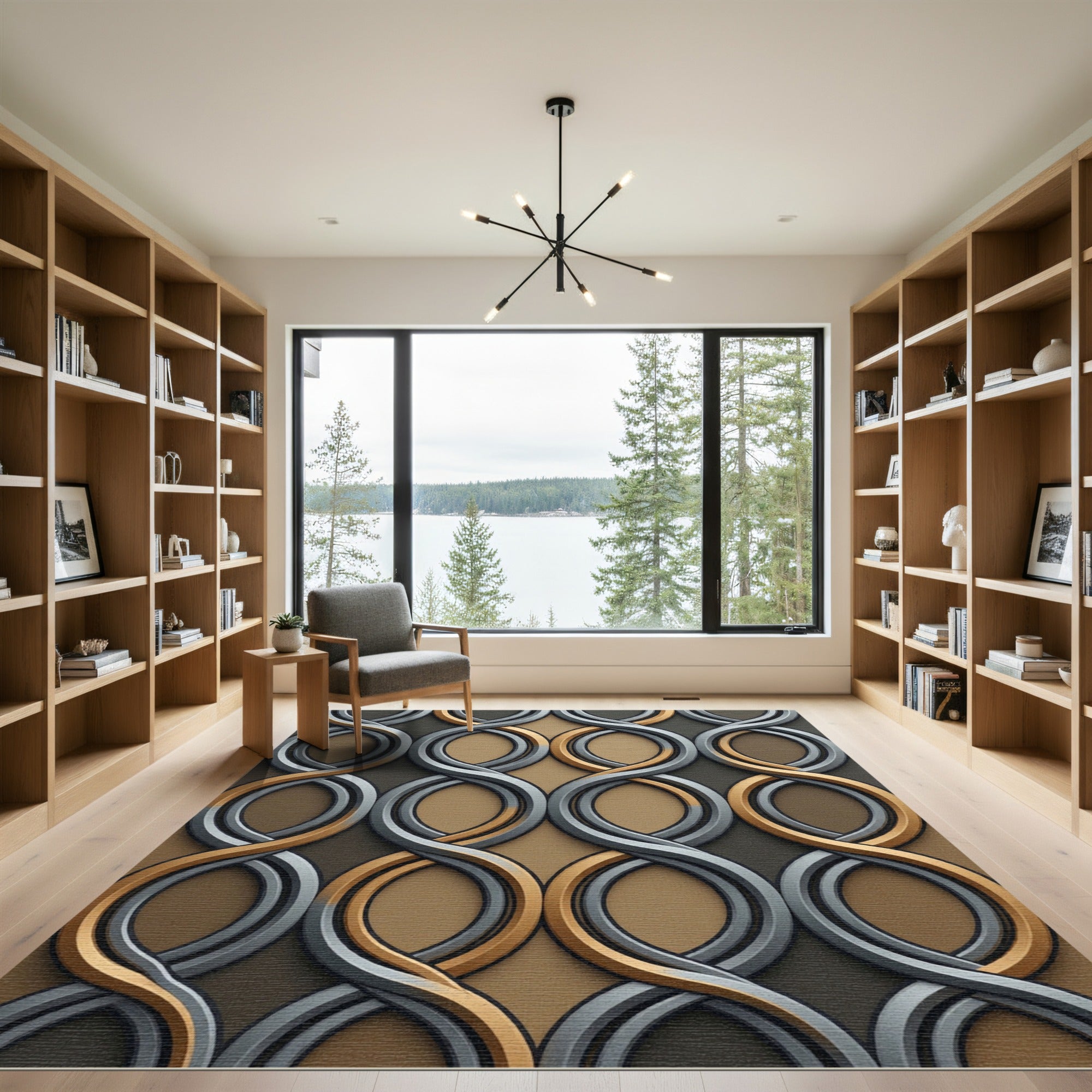Sleek Gold and Silver Interlocking Loops Rug