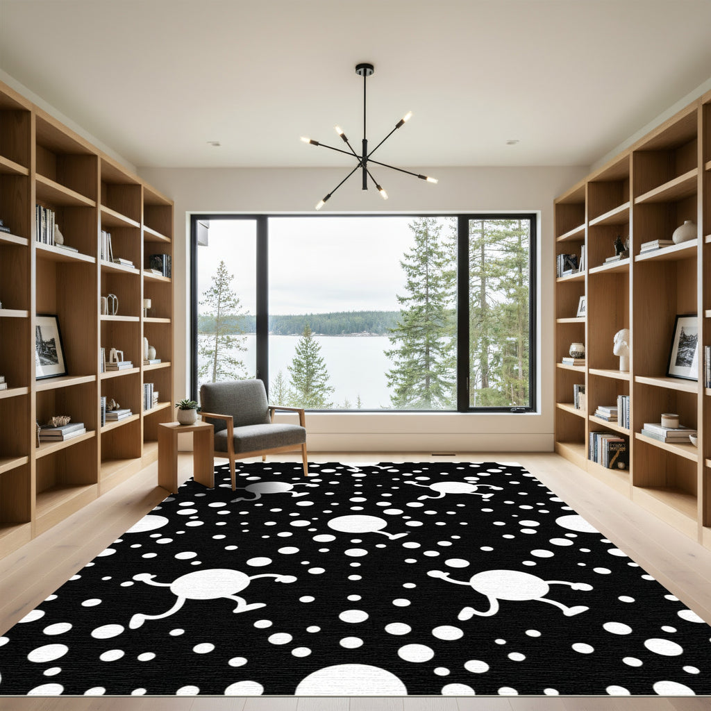 Playful White Figure Black Dot Rug