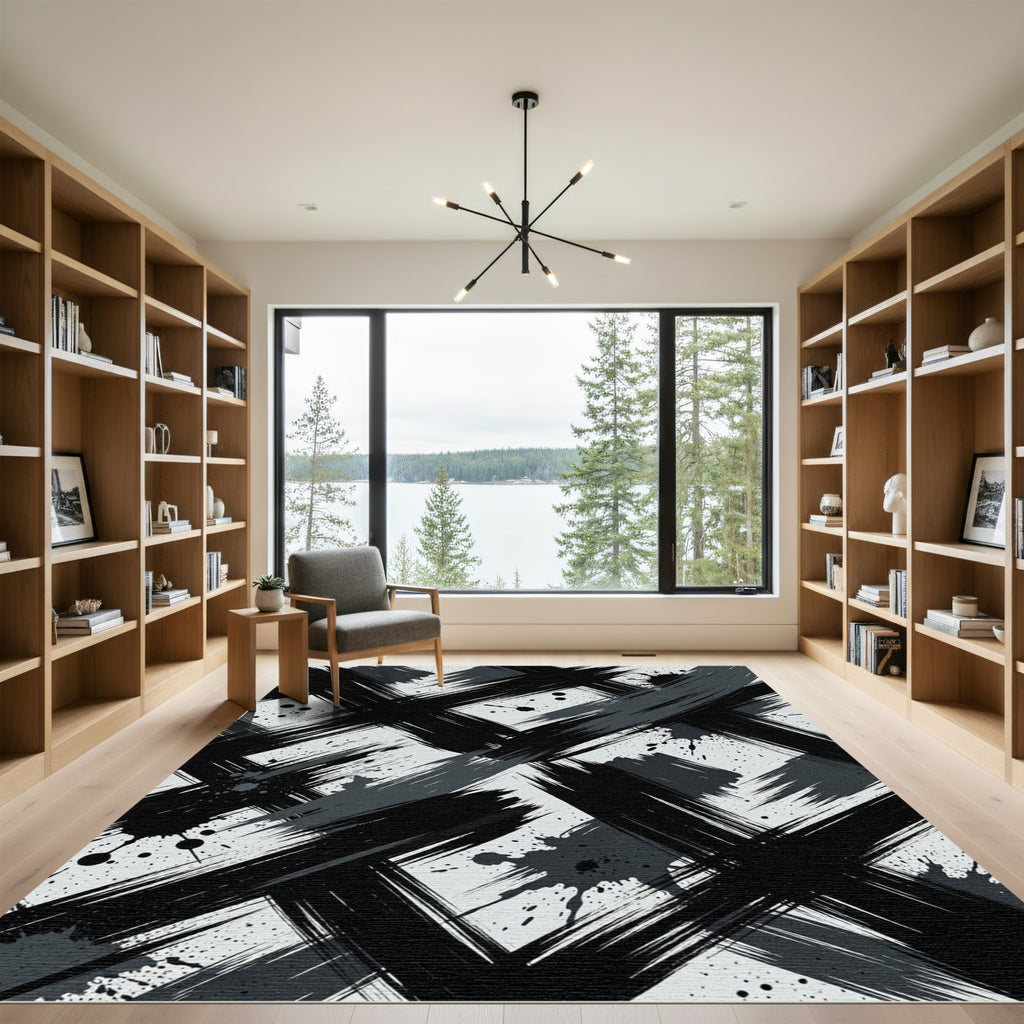 Bold Black Gray Brush Stroke Rug