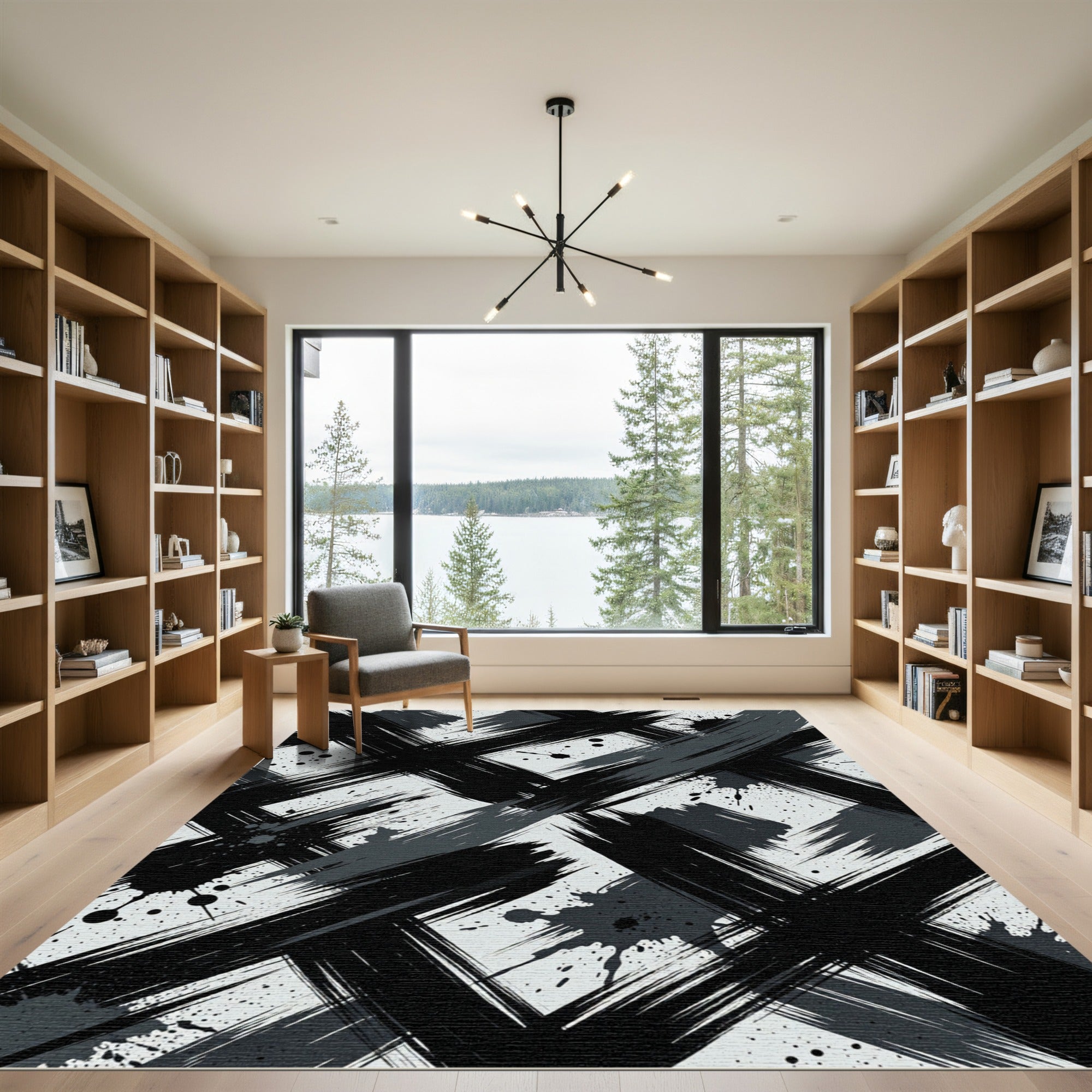 Bold Black Gray Brush Stroke Rug