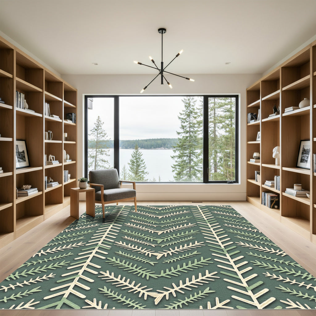 Sage Green Herringbone Botanical Branch Rug