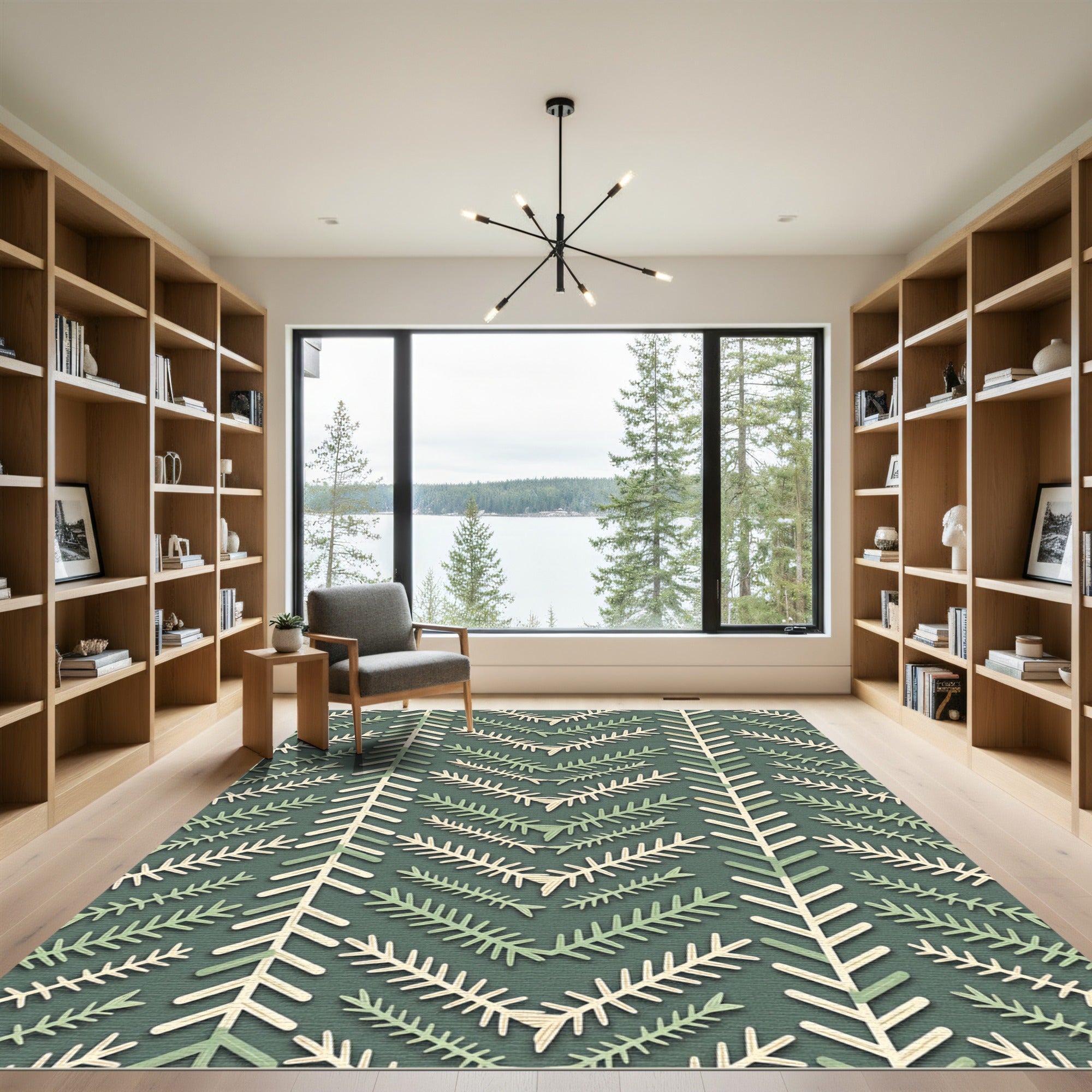 Sage Green Herringbone Botanical Branch Rug