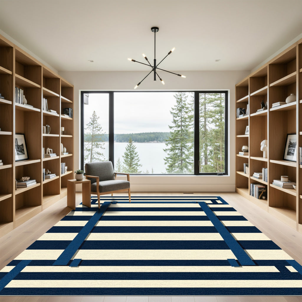 Navy Cream Geometric Grid Rug
