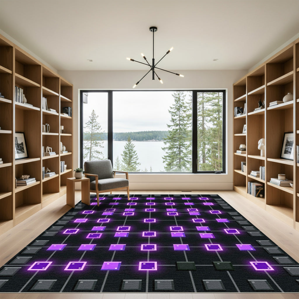 Neon Violet Cyberpunk Grid Square Luminescence Rug
