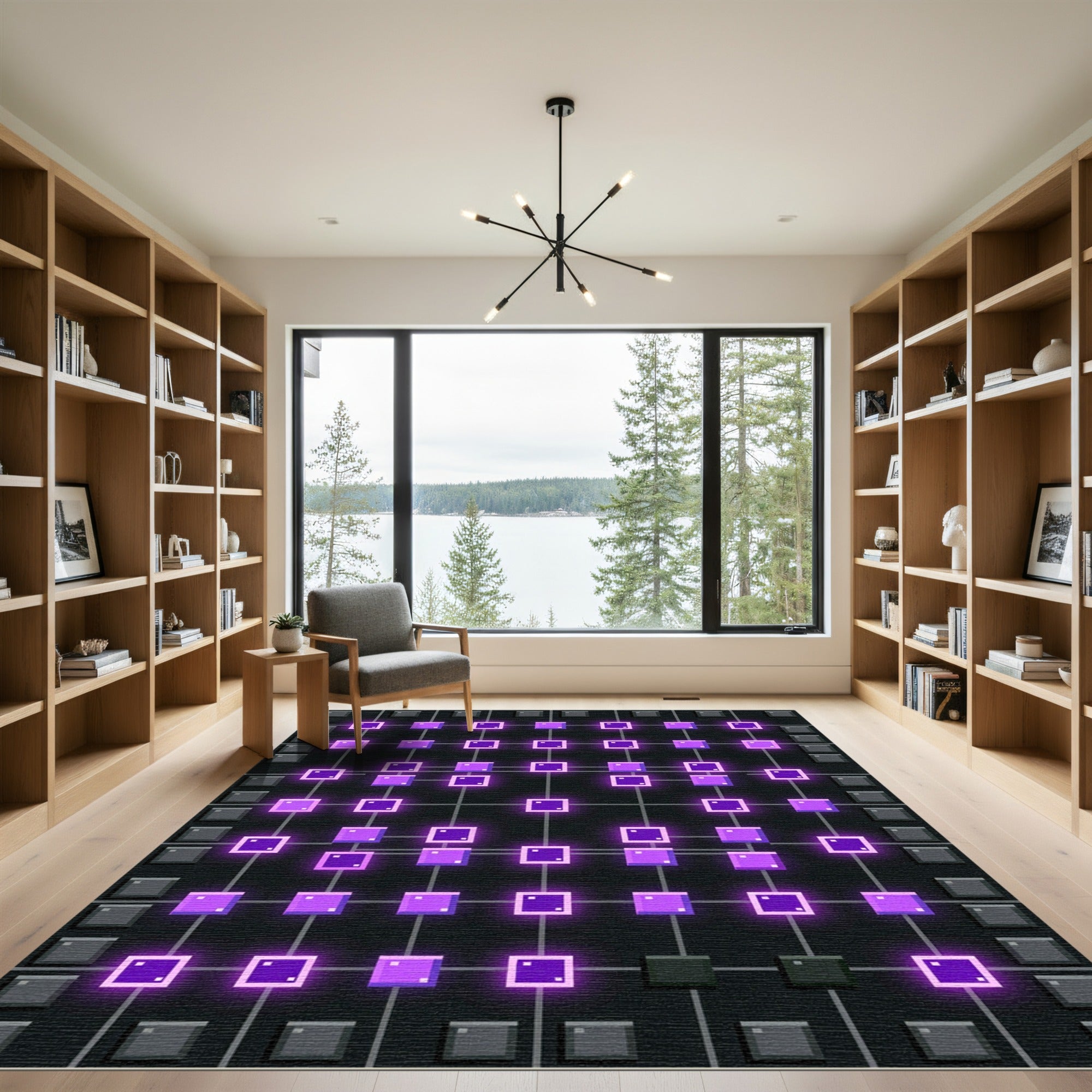 Neon Violet Cyberpunk Grid Square Luminescence Rug