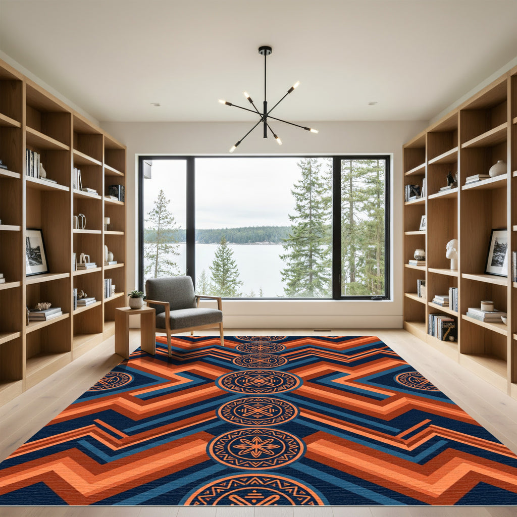 Geometric Tribal Ochre Blue Zigzag Rug