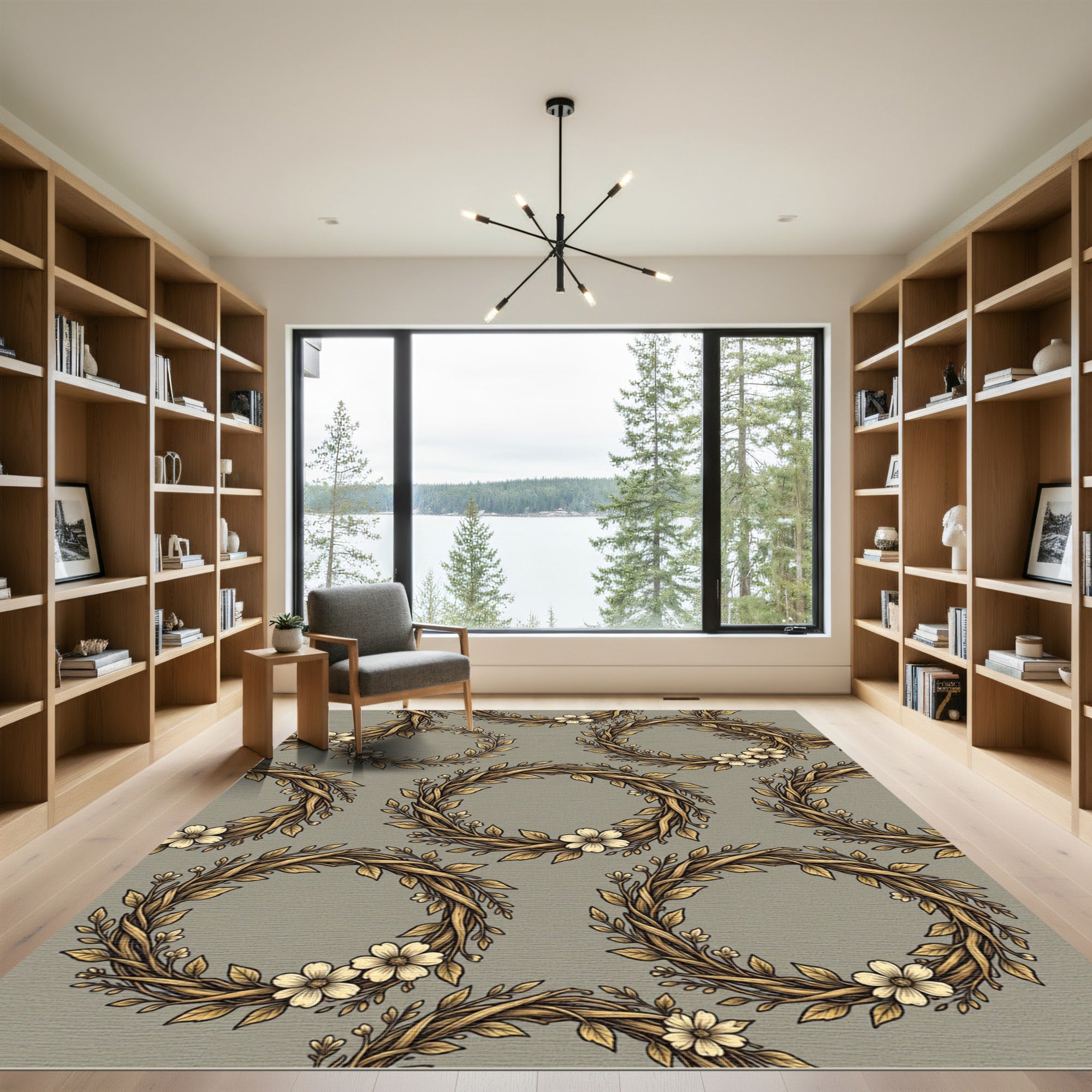 Antique Gold Floral Wreath Arrangement Rug