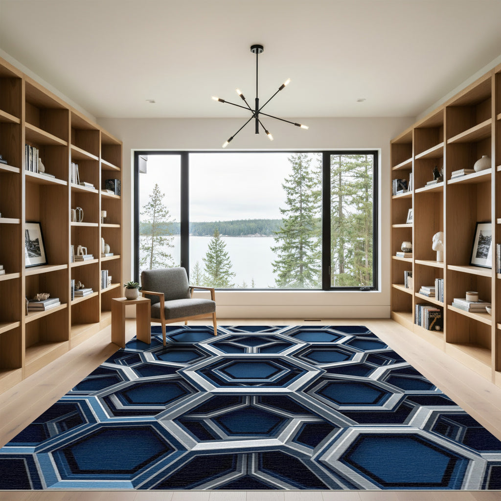 Geometric Navy Sapphire Interlocking Hexagon Rug