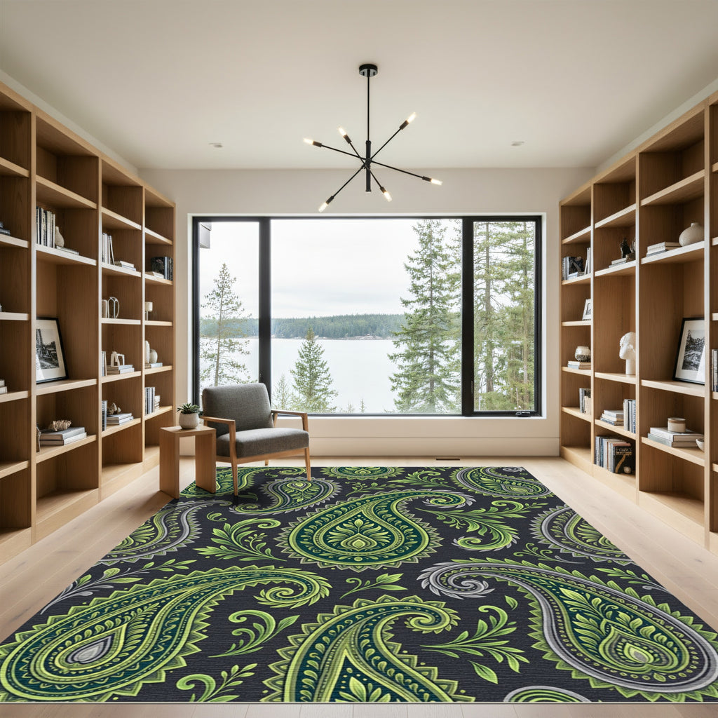 Elegant Olive and Slate Green Paisley Rug