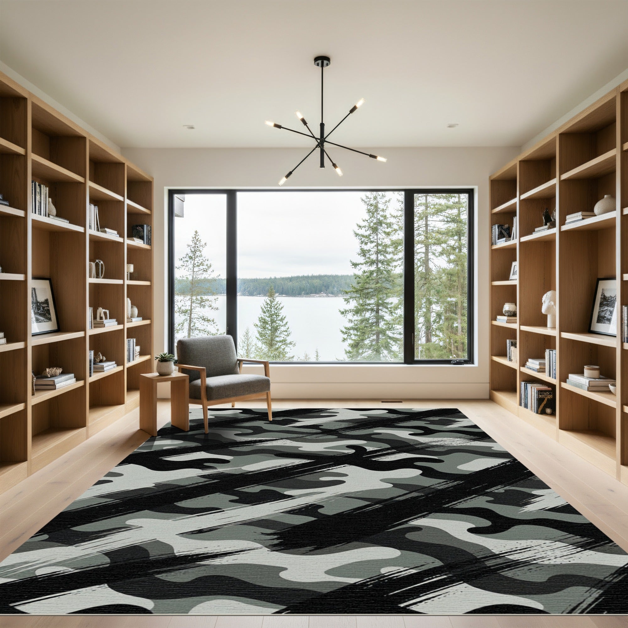Bold Charcoal Grey Camouflage Brushstroke Rug