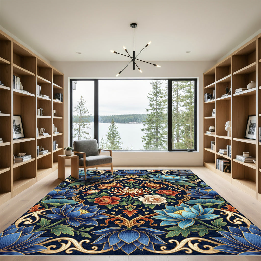 Deep Blue Floral Lotus Garden Rug