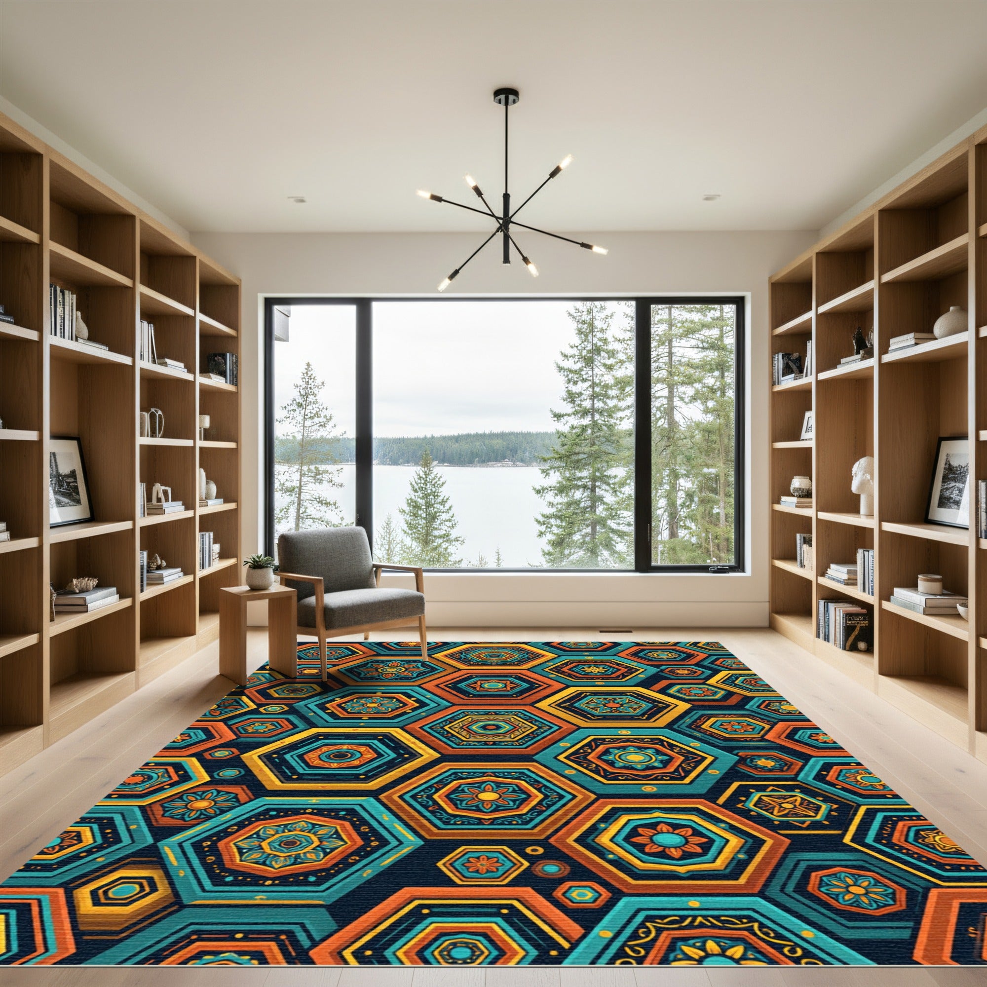 Vibrant Hexagonal Floral Mosaic Art Rug