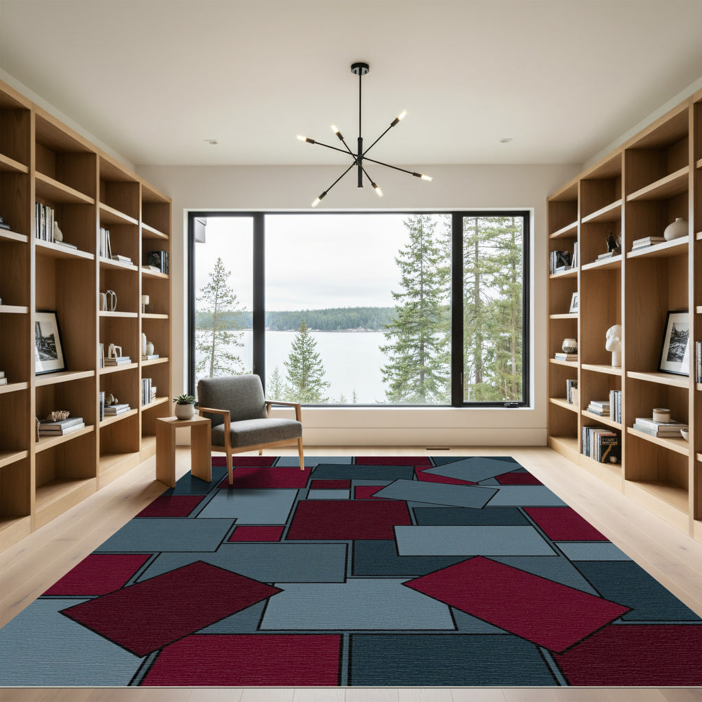 Geometric Collage Crimson Slate Rectangles Rug