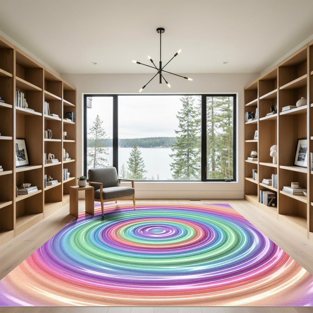Vibrant Iridescent Rainbow Ripple Circular Rug