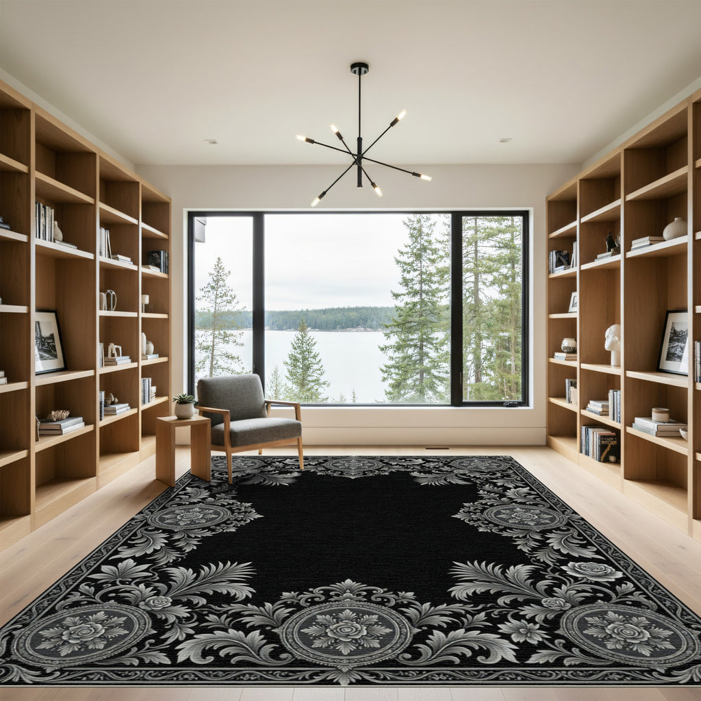 Ornate Silver Floral Medallion Border Rug