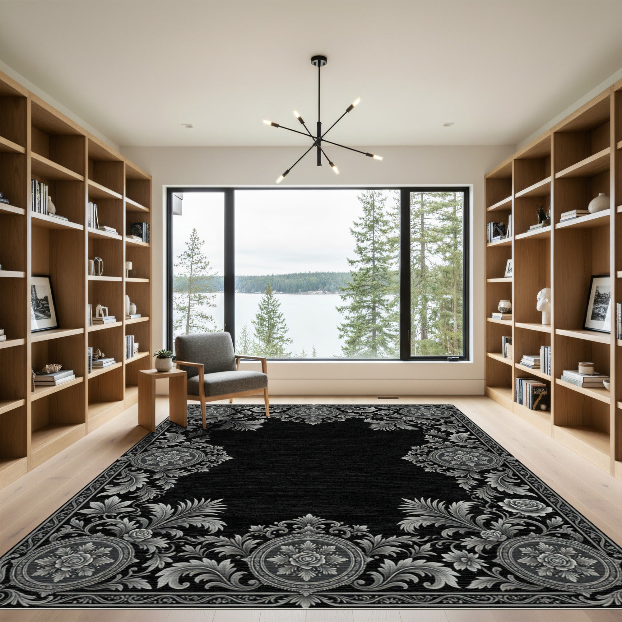 Ornate Silver Floral Medallion Border Rug