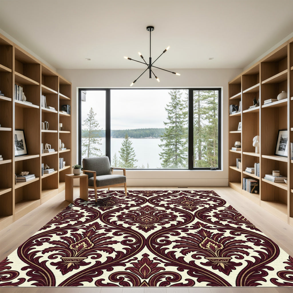 Elegant Damask Scroll Burgundy Cream Art Rug