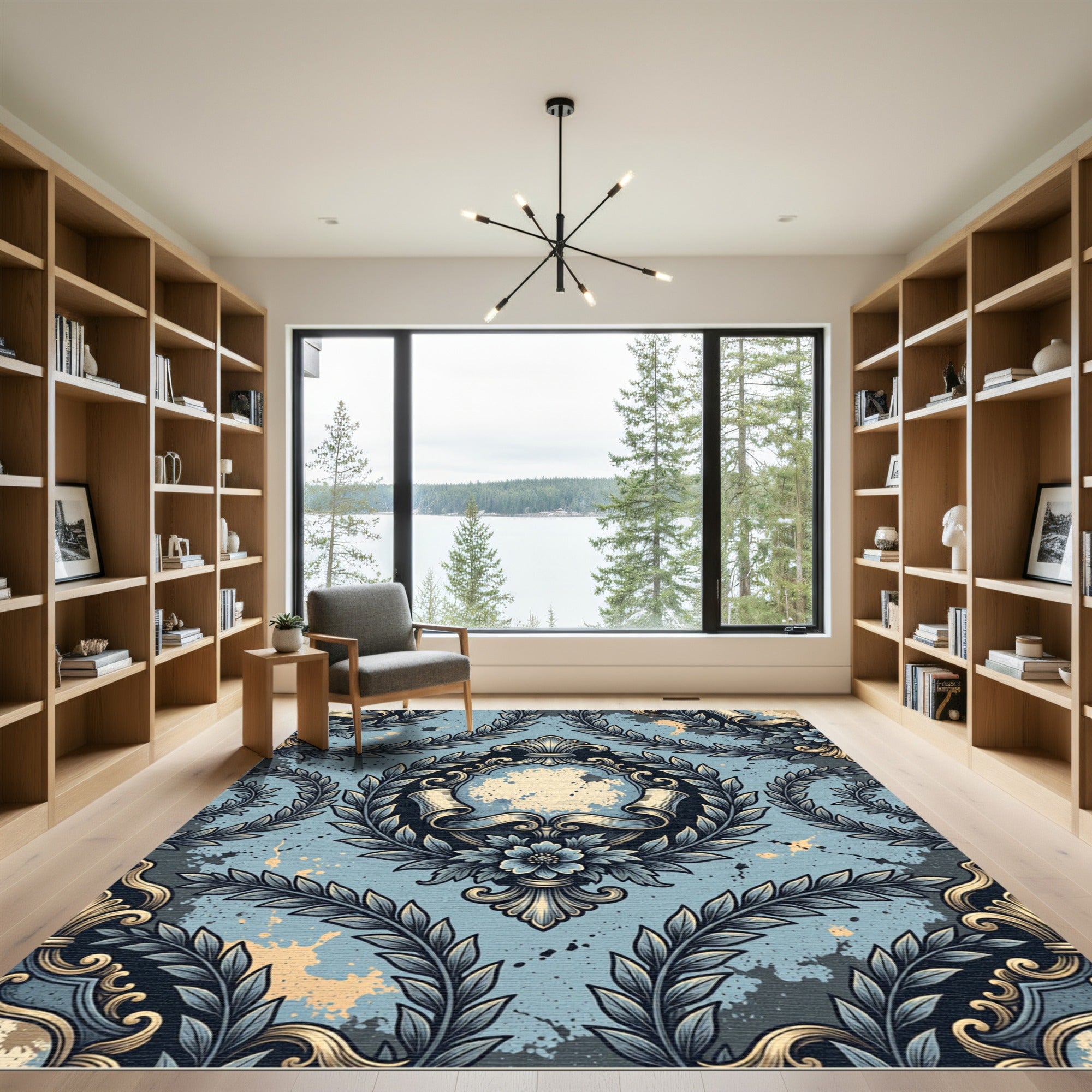 Vintage Blue Damask Laurel Wreath Rug