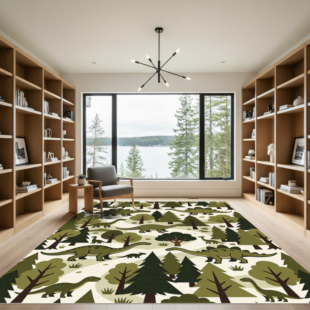 Olive Green Dinos in Forest Meadow Rug