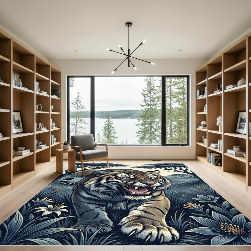 Fierce Tiger Roaring Among Jungle Blooms Rug