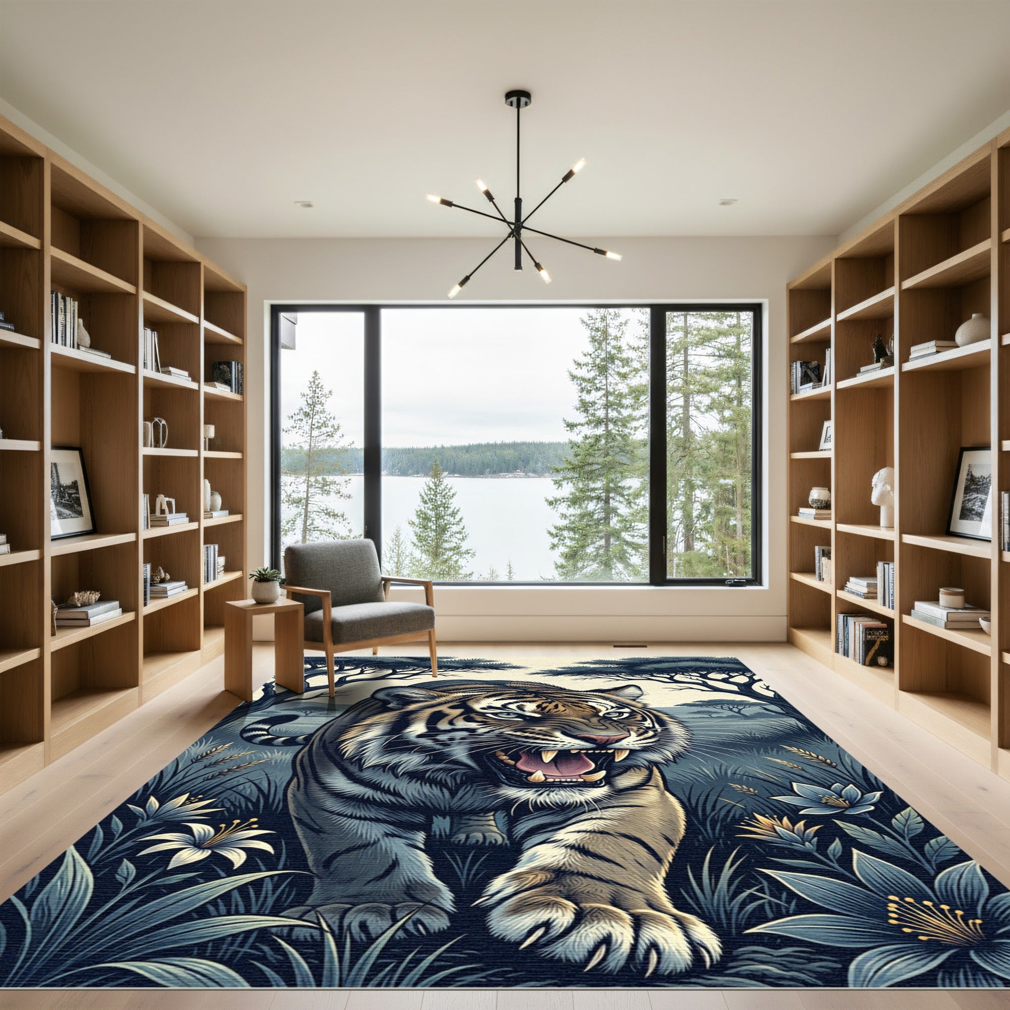 Fierce Tiger Roaring Among Jungle Blooms Rug