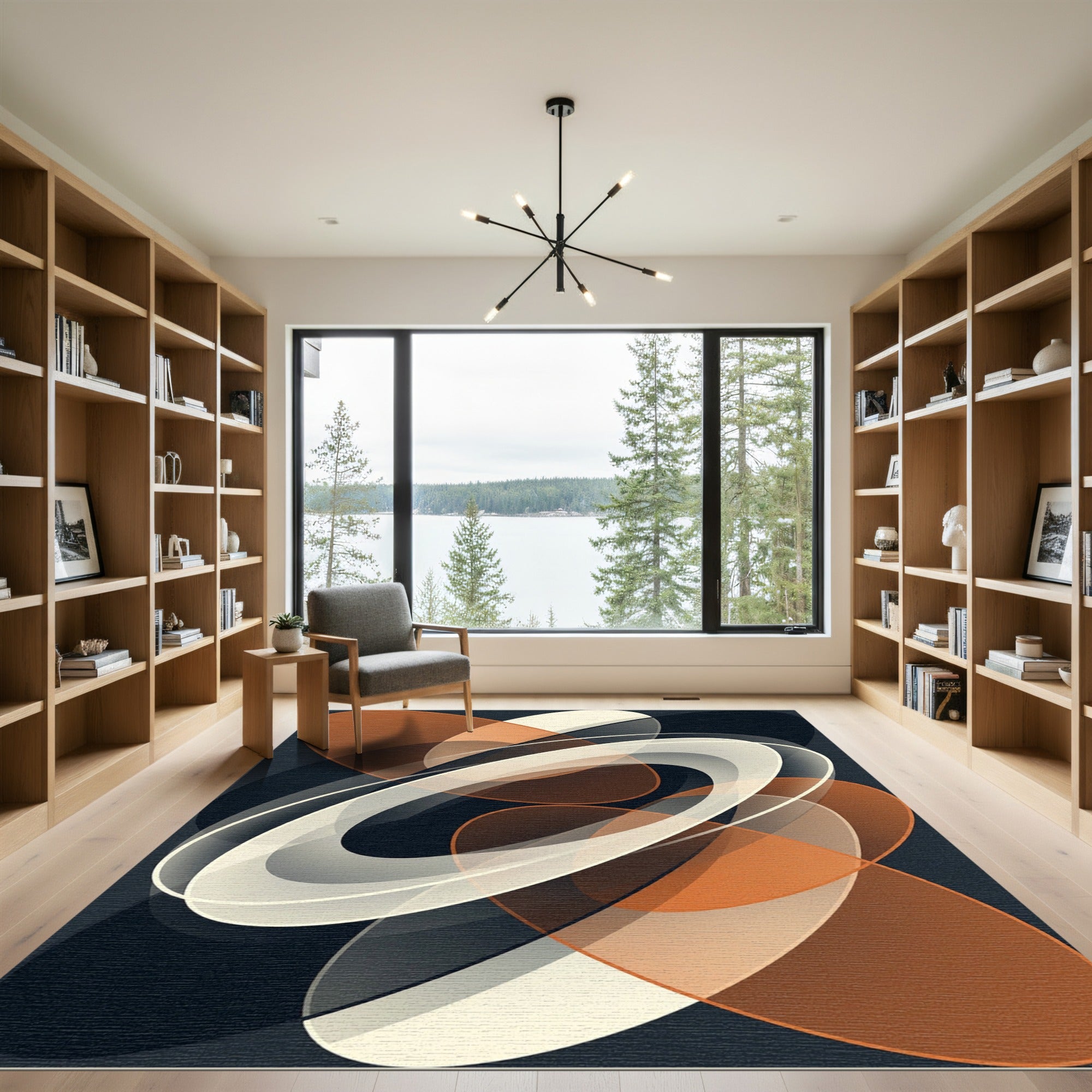 Modern Abstract Burnt Orange Elliptical Art Rug