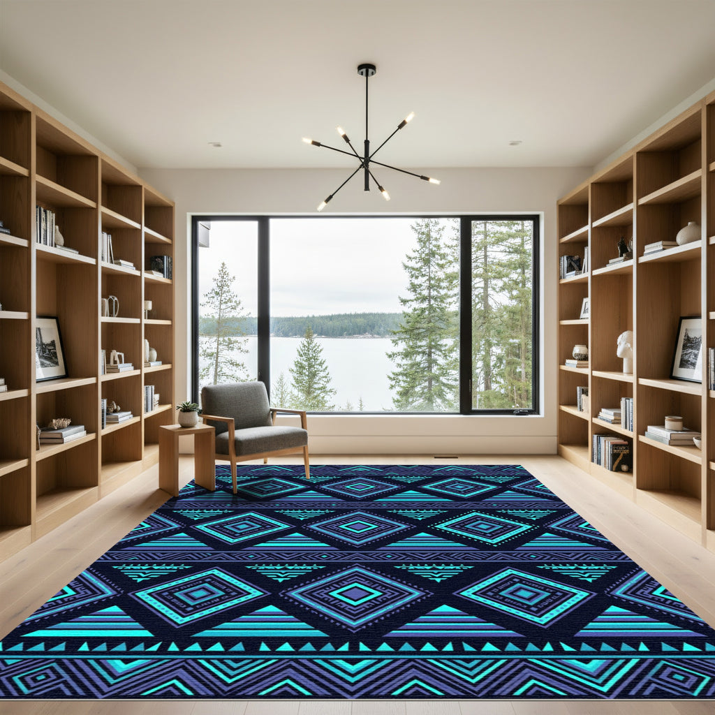 Neon Blue Geometric Tribal Diamond Rug
