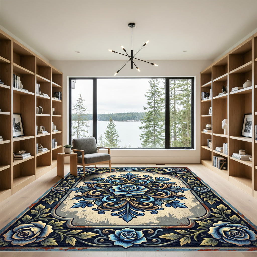 Ornate Blue Rose Medallion Filigree Rug