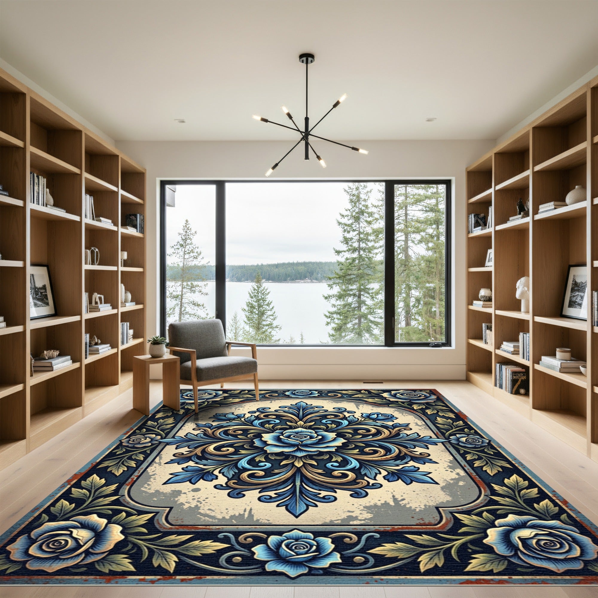 Ornate Blue Rose Medallion Filigree Rug