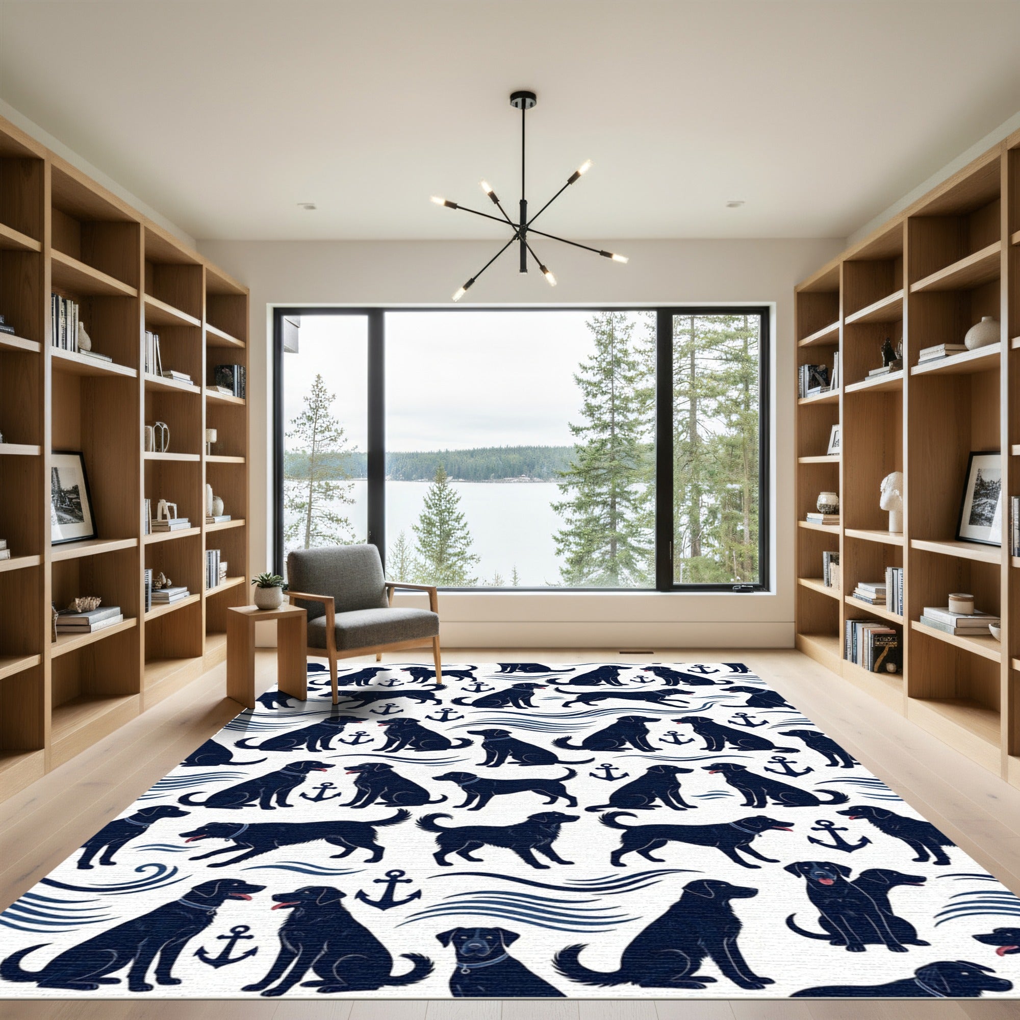 Coastal Navy Black Labrador Anchor Art Rug