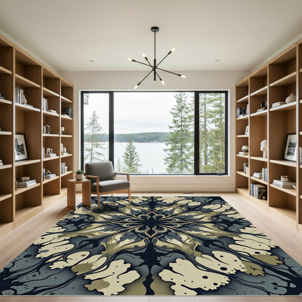 Abstract Sage and Charcoal Layered Mandala Rug