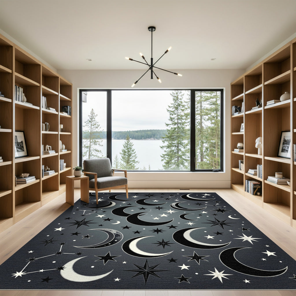 Celestial Monochrome Crescent Moon Starry Sky Rug