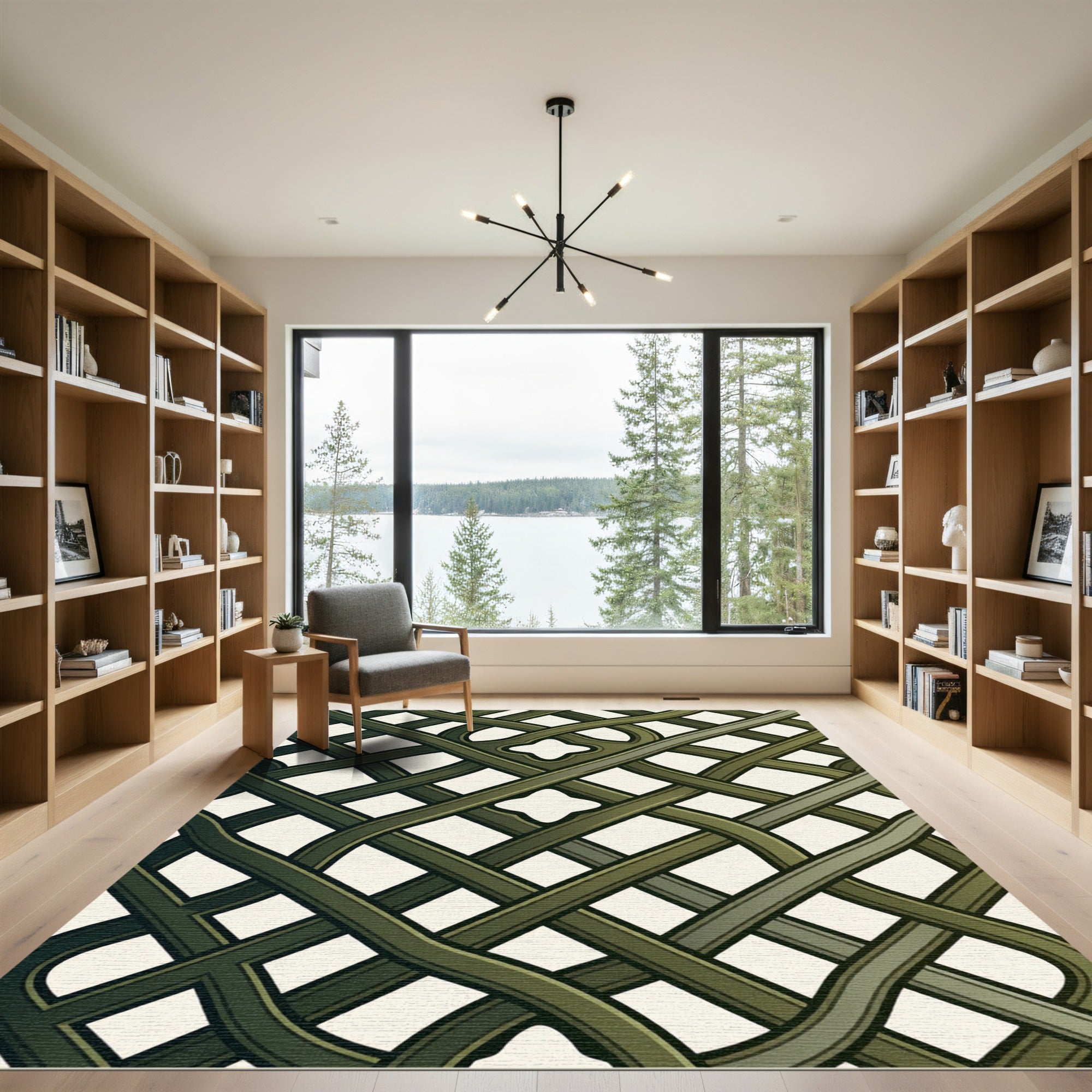 Olive Lattice Woven Geometric Grid Rug