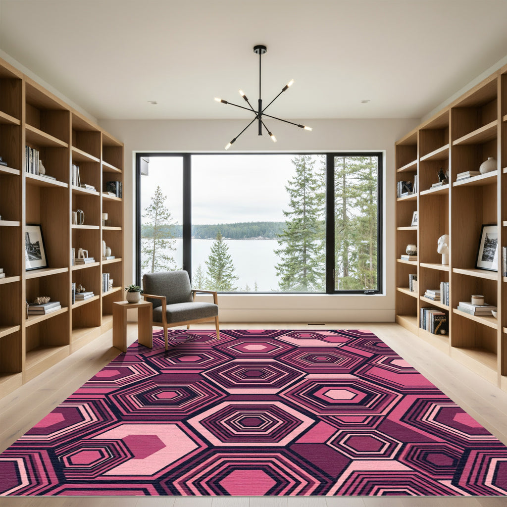 Sophisticated Pink Geometric Hexagon Mosaic Rug