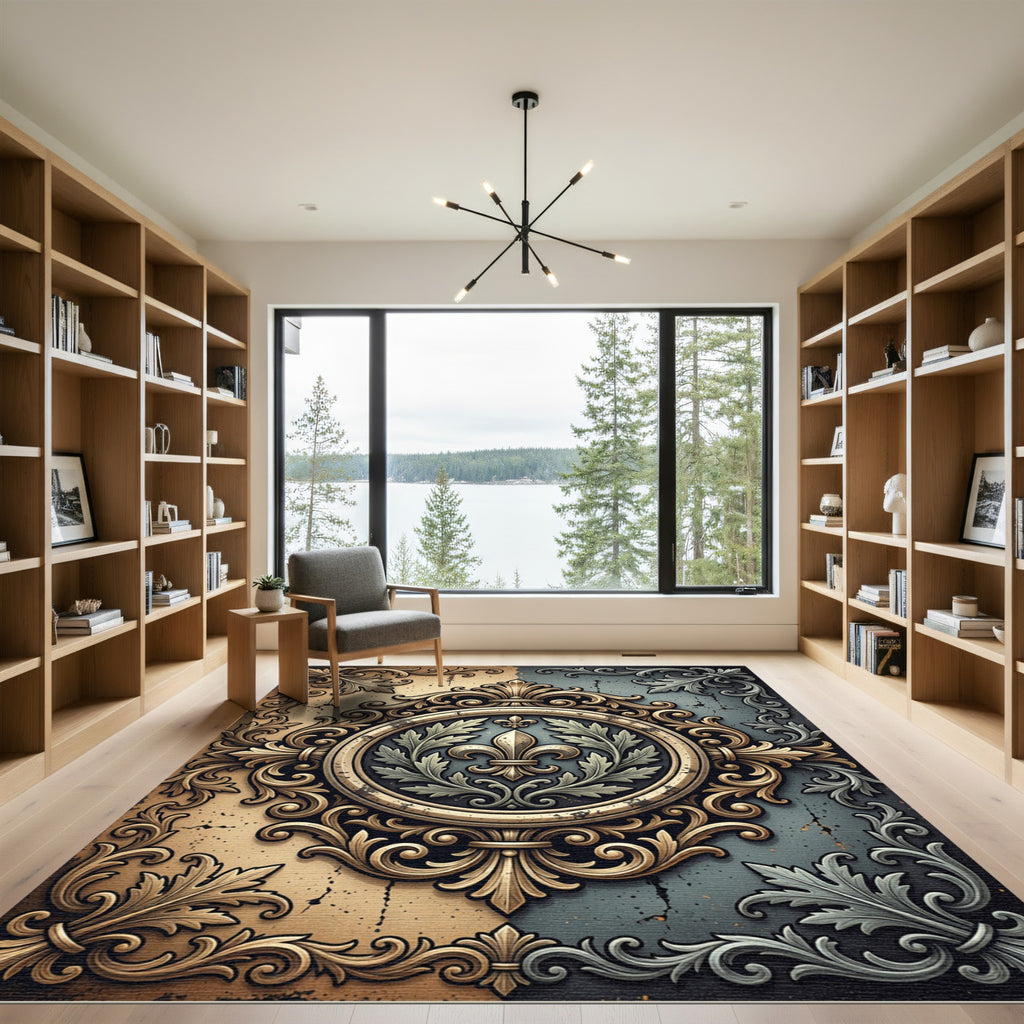 Gold Fleur de Lis Baroque Medallion Rug
