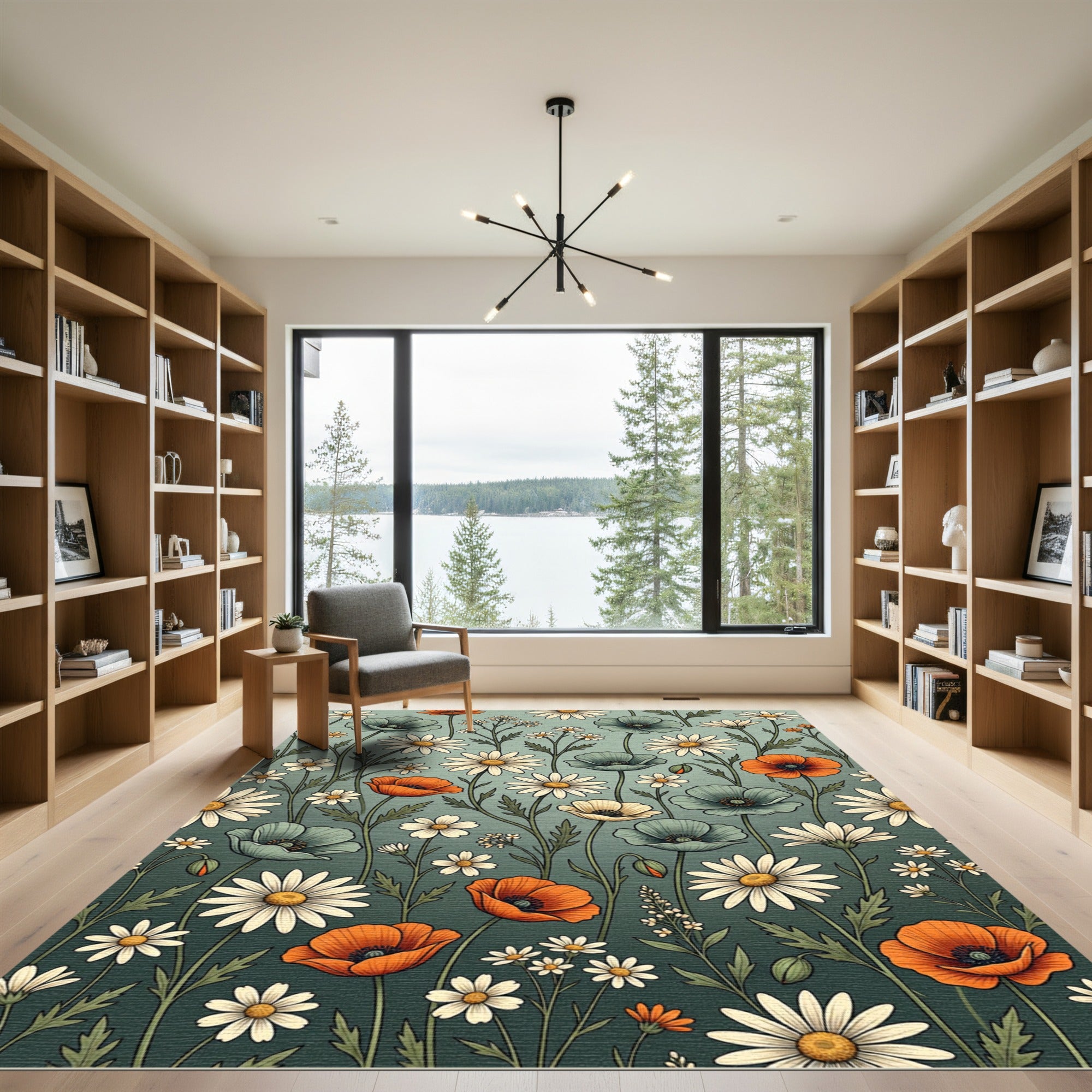 Sage Green Wildflower Poppy Daisy Meadow Rug