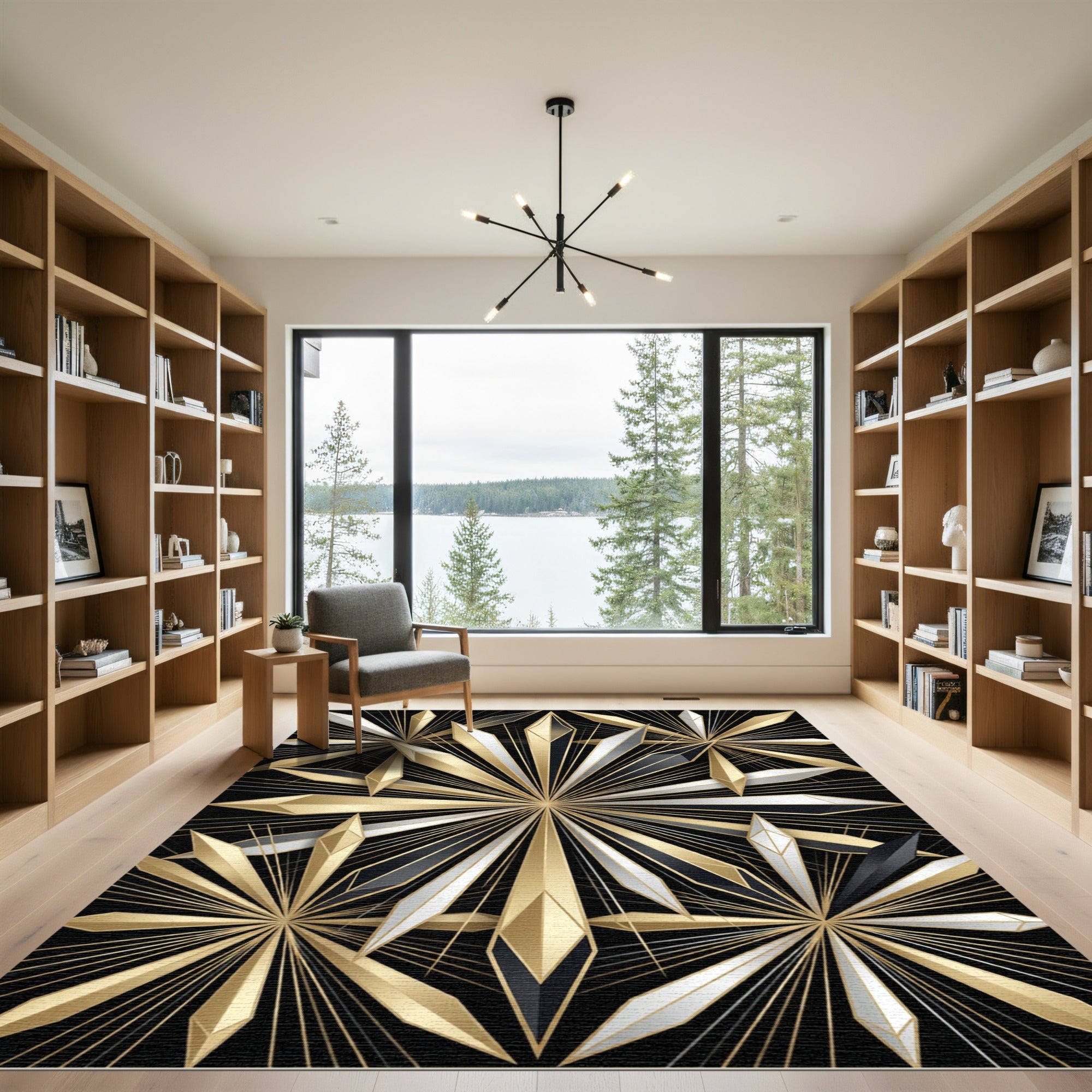 Luxurious Gold and Silver Sunburst Geometric Rug