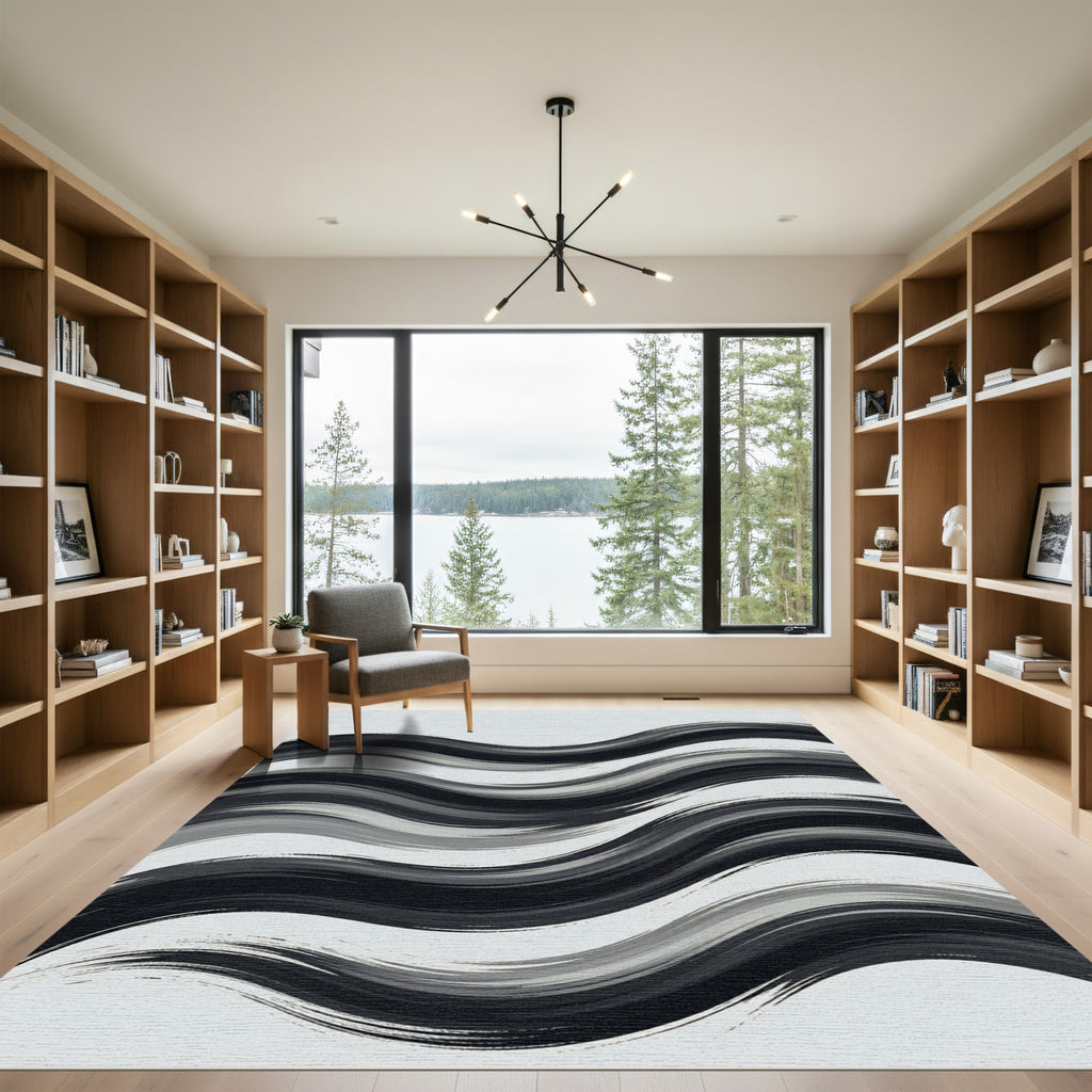 Contemporary Monochrome Abstract Wavy Stripe Rug